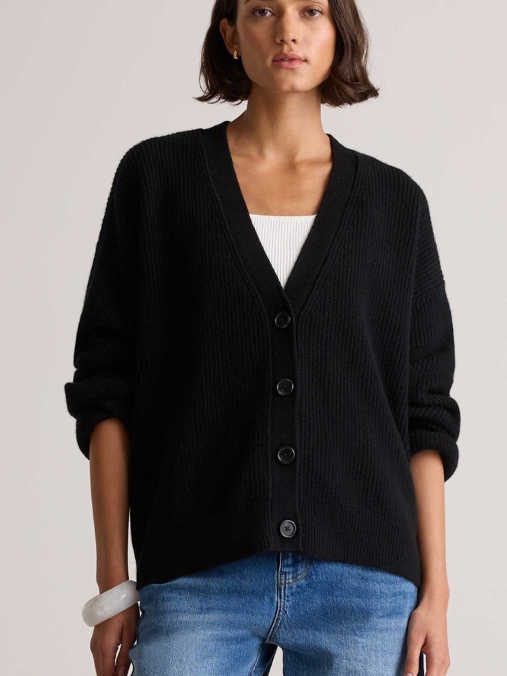 Quince Cashmere Ribbed Black Boxy Cardigan Sweater
